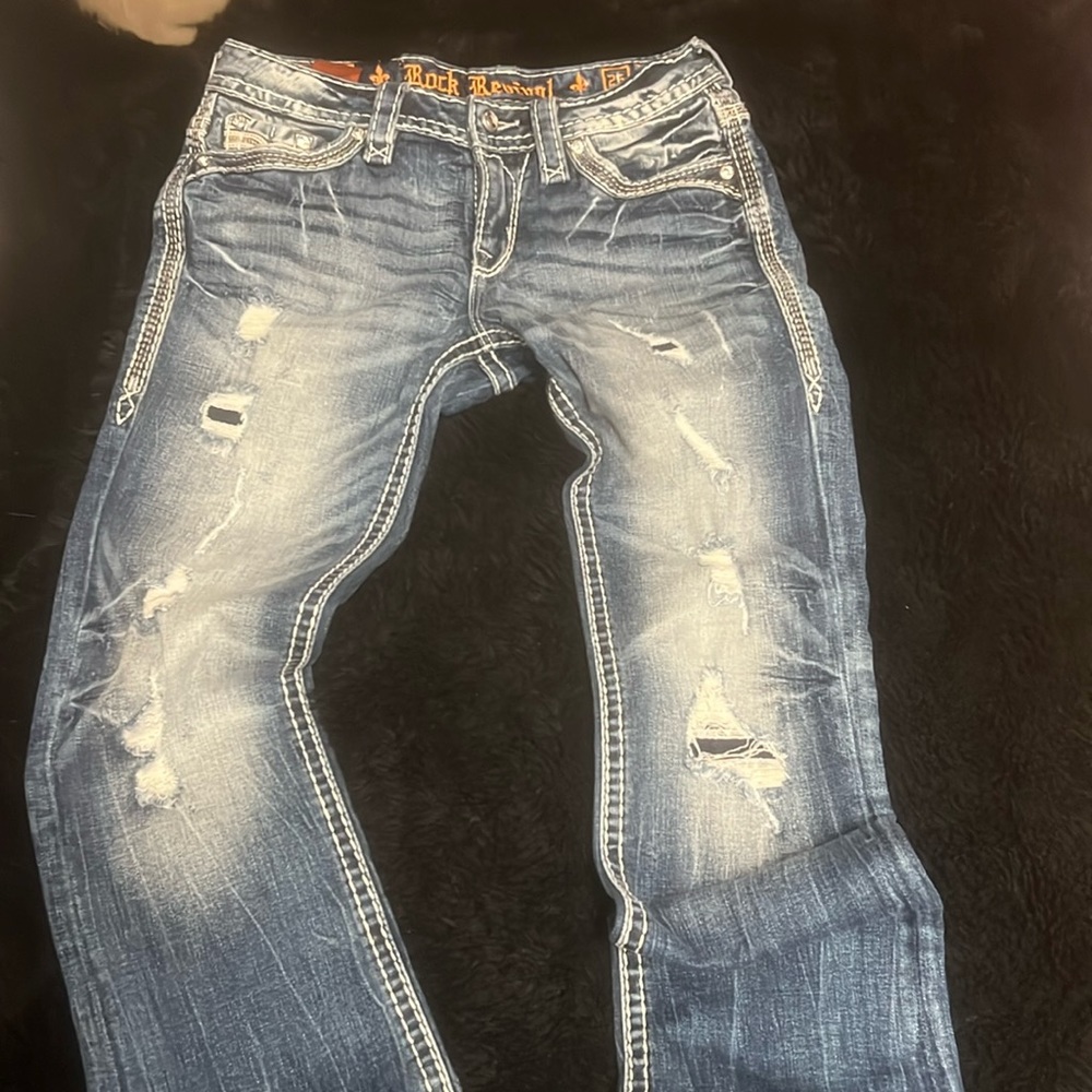 women’s rock revival patched boot cut jeans